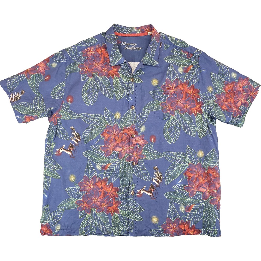Tommy Bahama Original Fit Shirt Mens XXL Blue‎ Floral Reindeer Silk Holiday Y2K